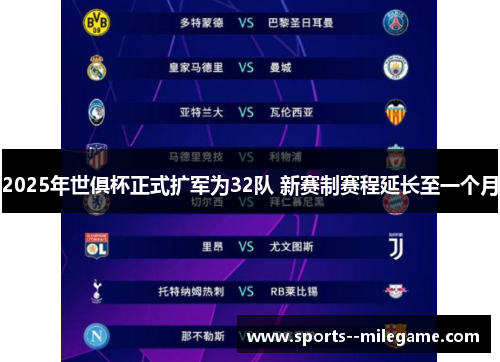 2025年世俱杯正式扩军为32队 新赛制赛程延长至一个月