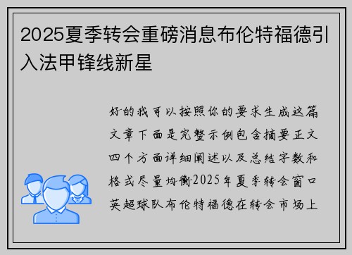 2025夏季转会重磅消息布伦特福德引入法甲锋线新星